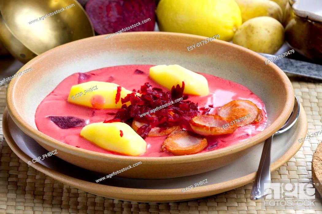Stock Photo: Polish red beet soup.