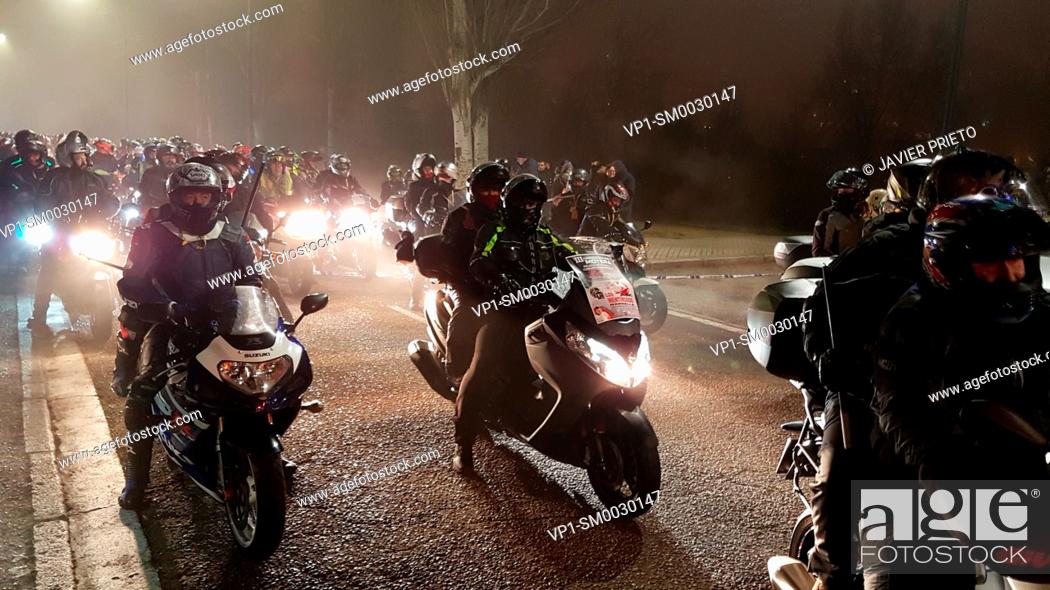 Stock Photo: Night Parade of Torches. 37th Edition of PINGÜINOS. Concentration of motorcyclists. Valladolid. Castile and Leon. Spain.