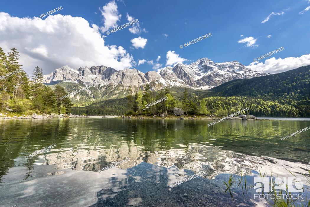 Stock Photo: Eibsee lake and Zugspitze massif with Zugspitze, Wetterstein range, near Grainau, Upper Bavaria, Bavaria, Germany, Europe.