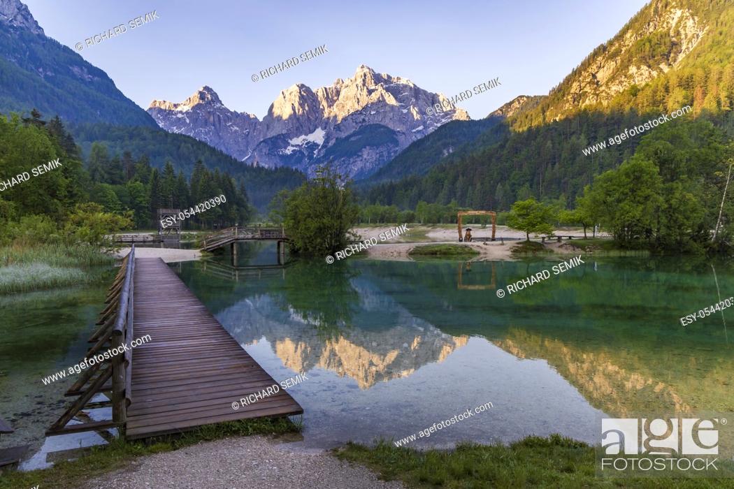 Stock Photo: Lake and mountains near the village Kranjska Gora in Triglav national park, Slovenia.