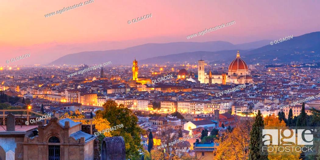 Stock Photo: Beautiful panoramic view of Duomo Santa Maria Del Fiore and tower of Palazzo Vecchio during evening blue hour in Florence, Tuscany, Italy.