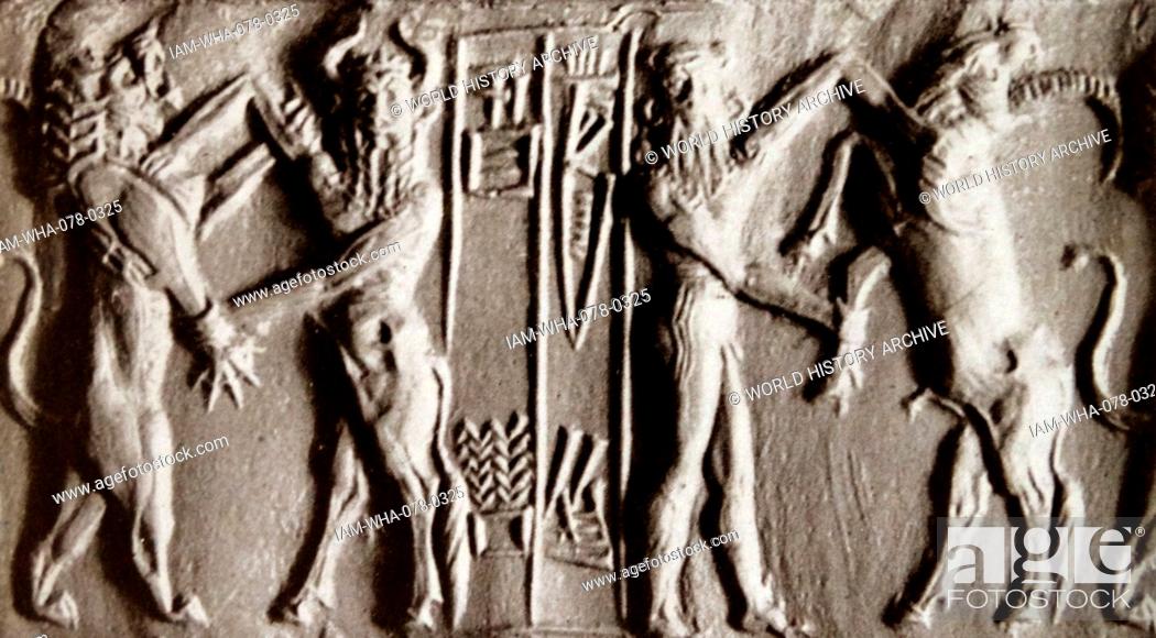 Stock Photo: Cylinder seal impression from the Akkadian period with a combat scene between a bearded hero and a bull-man and various beasts 2350–2170 BC.