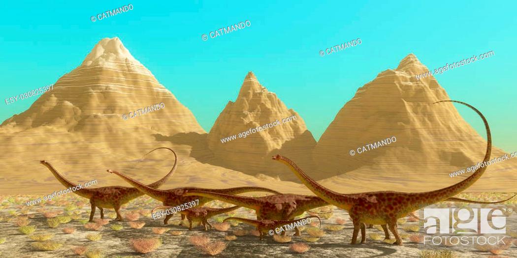 Stock Photo: A herd of Diplodocus dinosaurs cross a desert on their annual migration to a warmer region.