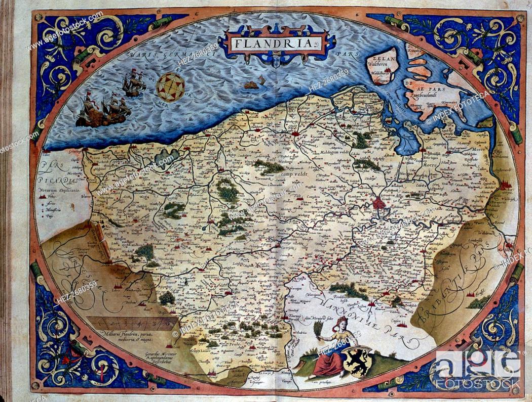Photo de stock: 'Theatrum Orbis Terrarum' by Abraham Ortelius, Antwerp, 1574. Map of the region of Flanders.