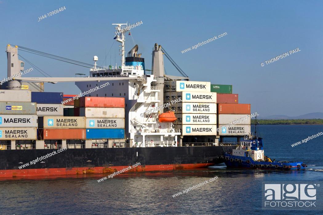 Stock Photo: Container ship with tug arriving at the Port of Corinto, Nicaragua.