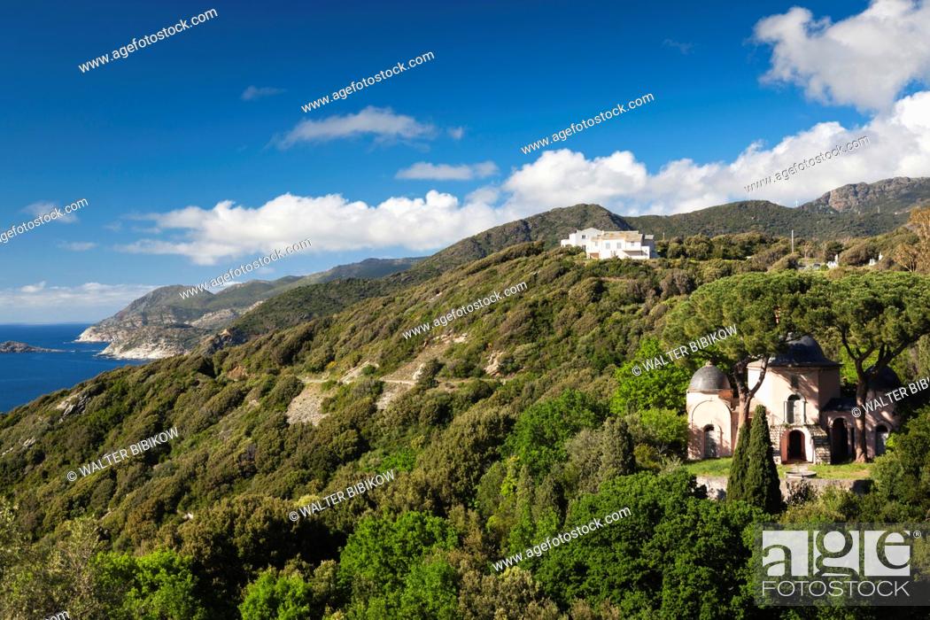 Stock Photo: France, Corsica, Haute-Corse Department, Le Cap Corse, Pino, elevated town view.