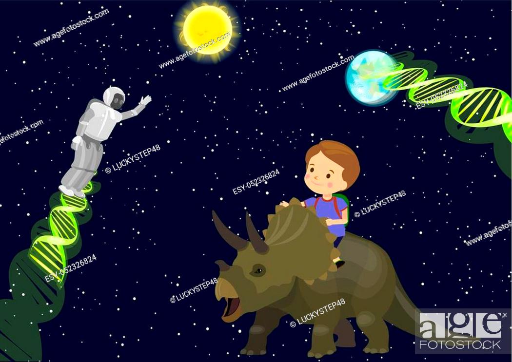 Boy child school ride triceratops dinosaur dream in space meet alien robot  DNA, Stock Vector, Vector And Low Budget Royalty Free Image. Pic.  ESY-052326824 | agefotostock