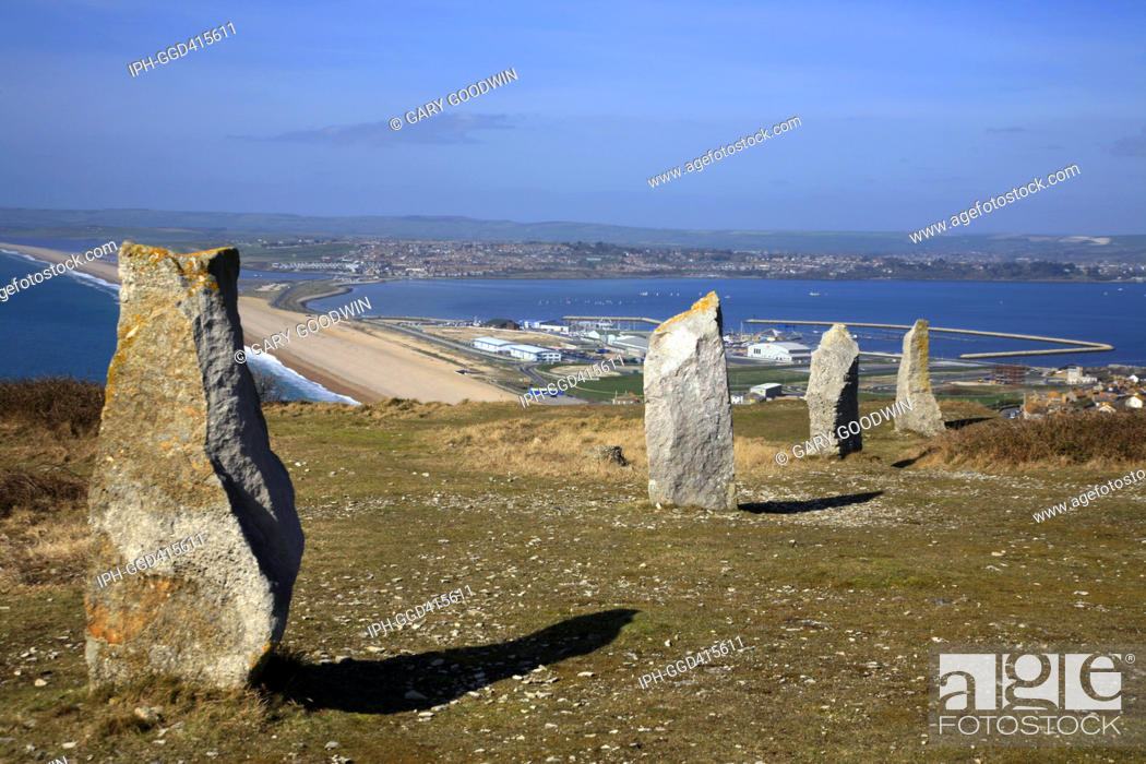 Stock Photo: Modern henge on the Isle of Portland with views overlooking Chesiil Beach and Portland Harbour.