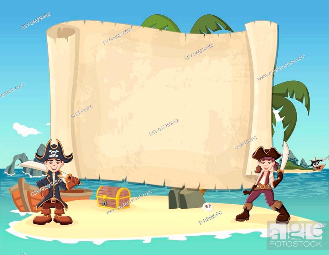 Big pirate map and cartoon pirate children on a beautiful tropical beach,  Stock Vector, Vector And Low Budget Royalty Free Image. Pic. ESY-046250852  | agefotostock