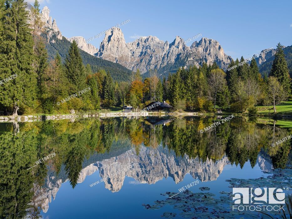 Stock Photo: Lago Welsperg. Valle del Canali in the mountain range Pale di San Martino, part of UNESCO world heritage Dolomites, in the dolomites of the Primiero.