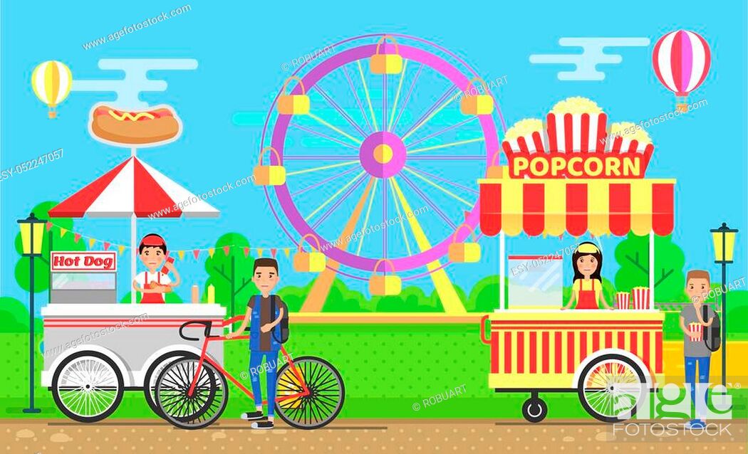Street food carts with vendors in amusement park. Hot dogs and crispy  popcorn trolleys near ferris..., Stock Vector, Vector And Low Budget  Royalty Free Image. Pic. ESY-052247057 | agefotostock