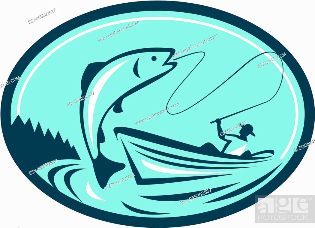 Stock Photo: Illustration of a fly fisherman fishing on boat reeling a trout salmon fish set inside oval shape done in retro style.