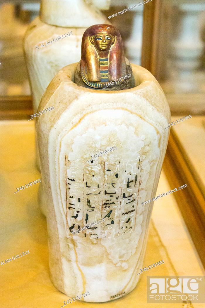 Stock Photo: Egypt, Cairo, Egyptian Museum, from the tomb of Yuya and Thuya in Luxor : Canopic vase of Thuya, dedicated to god Duamutef.