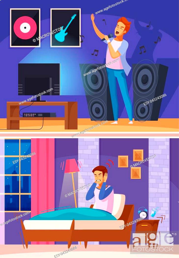 Neighbor during karaoke with loud music and angry sleepless man in bed  cartoon composition vector..., Stock Vector, Vector And Low Budget Royalty  Free Image. Pic. ESY-043243086 | agefotostock