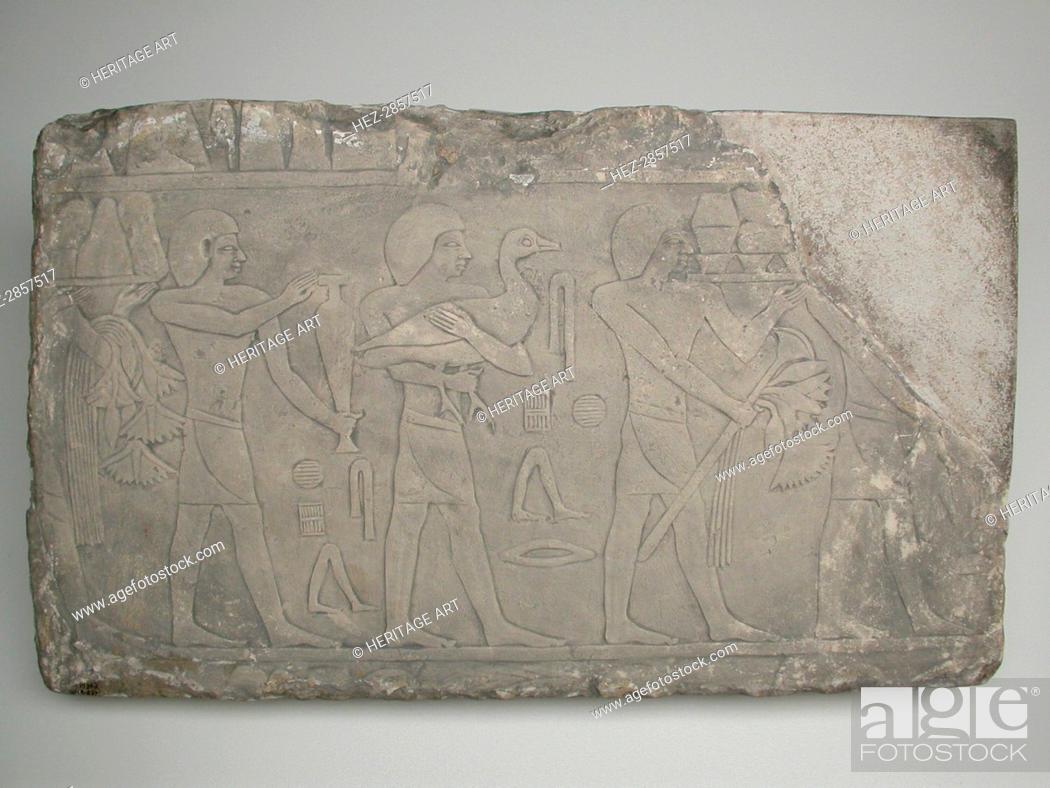 Stock Photo: Wall Fragment from a Tomb Depicting Offering Bearers, Egypt, Old Kingdom, Dynasty 5 (abt 2494-.. Creator: Unknown.