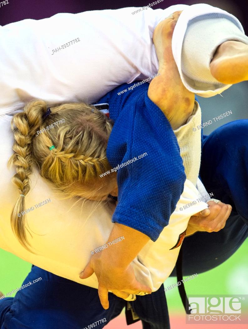 Stock Photo: Germany's Luise Malzahn (blue) competes in the Women's -78kg Final with Marhinde Verkehr of the Netherlands at the Baku 2015 European Games in the Heydar Aliyev.