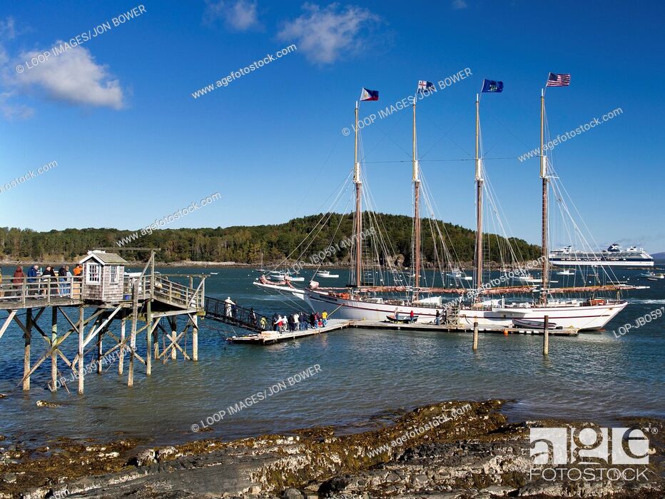 Stock Photo: The four-master Margaret Todd and Cruise Liner Caribbean Princess moored at Bar Harbour in Maine.