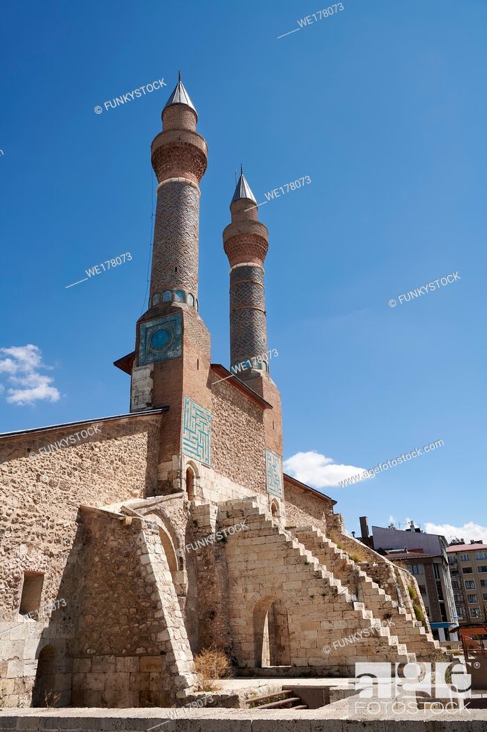 Stock Photo: The Gökmedrese or Gök Medrese built in 1271 by Vizier Ata Faahreddin Ali. Above the crown door are two minarets with a bow and single cone decorated with glazed.