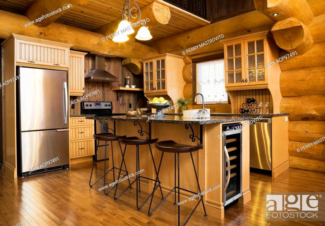 Kitchen With Quartz Countertops And, Log Home Bar Stools