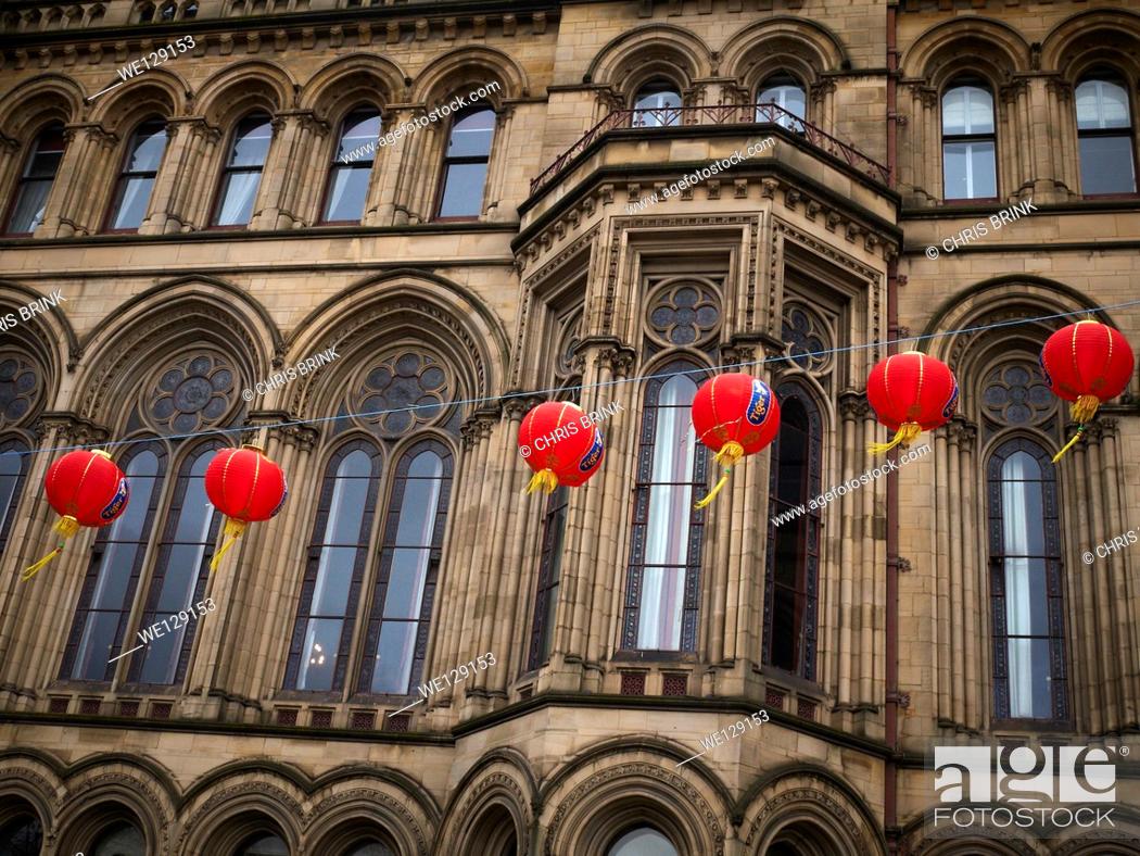 Stock Photo: Red chinese lanterns, in front of the town hall, to celebrate the Chinese New Year in Manchester, England, UK, Europe.