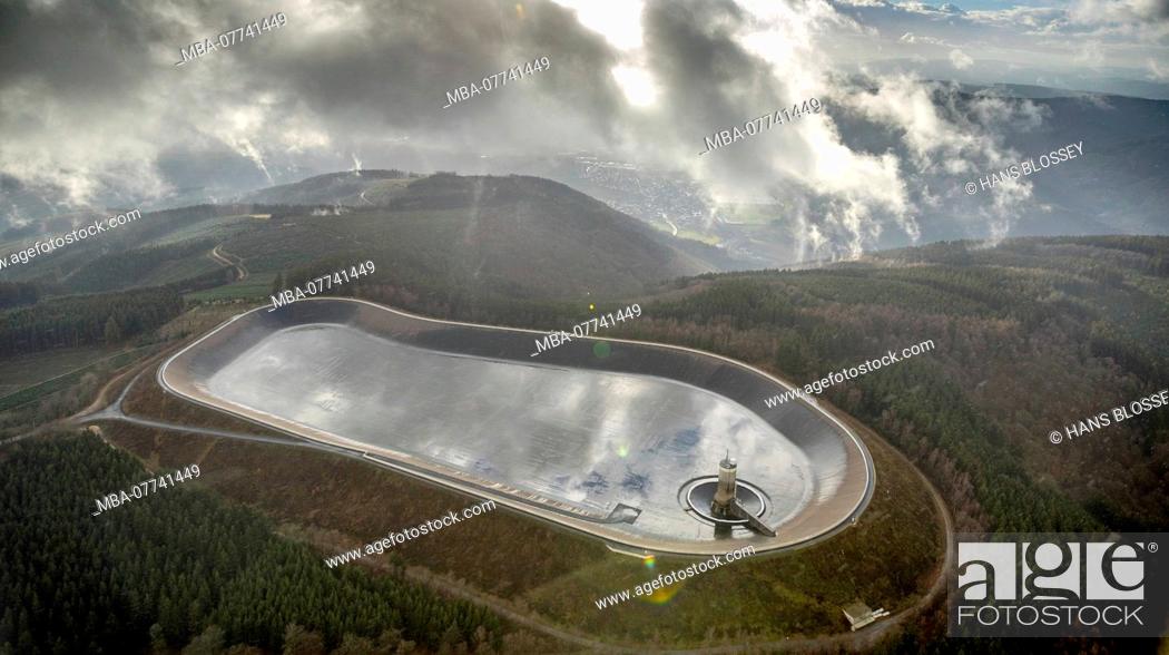 Stock Photo: Aerial shots, pumped storage power station Rönkhausen, repair work at the upper cymbal, aerial shots, upper cymbal with inlet tower, under cymbal in the valley.