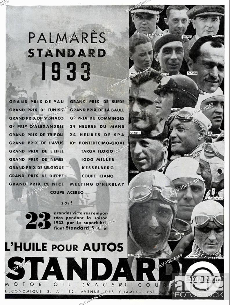 Stock Photo: Art Deco Magazine Advertisement for Standard oil for cars, as used by many Grand Prix racing drivers.
