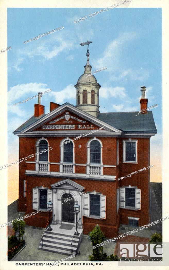 Photo de stock: Carpenters' Hall, Philadelphia, Pennsylvania, USA, 1914. Vintage postcard showing the exterior of Carpenters' Hall, a two storey.