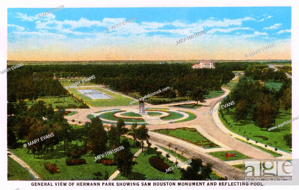 Stock Photo: General view of Hermann Park, with the Sam Houston Monument and Reflecting Pool, Houston, Texas, USA.