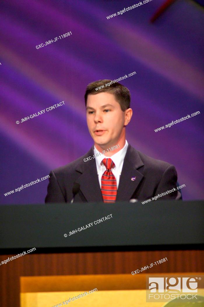 Stock Photo: Kevin Engelbert, Deputy Expedition 11 Increment Manager, responds to a query from a media representative during a preflight press briefing at the Johnson Space.