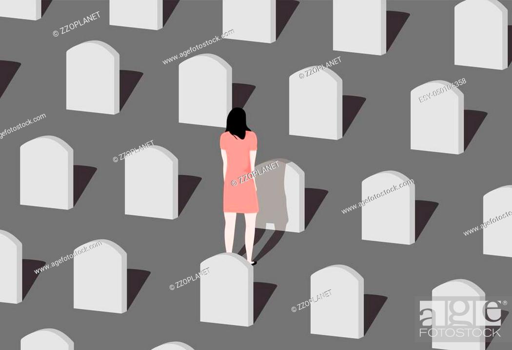Stock Vector: Young woman visiting a loved one at the cemetery.