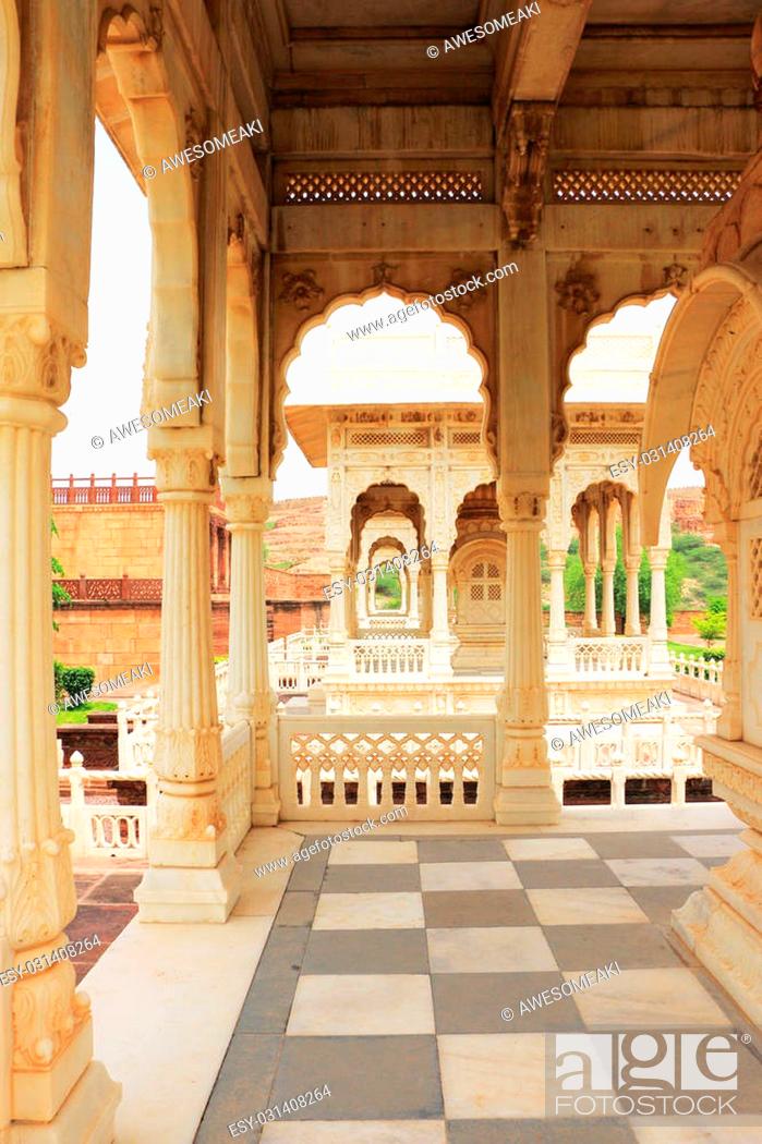 Stock Photo: The Jaswant Thada historical marble landmark located in Jodhpur. It is a white marble memorial built by Maharaja Sardar Singh of Jodhpur State in 1899 in memory.