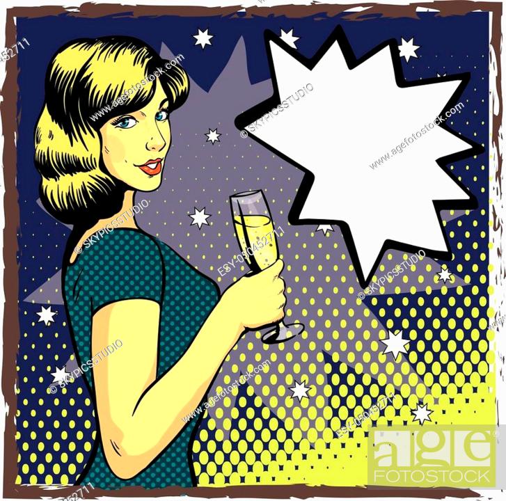 Woman with wine glass in pop art retro style. Comic vector illustration,  girl with speech bubble, Stock Vector, Vector And Low Budget Royalty Free  Image. Pic. ESY-050452711 | agefotostock