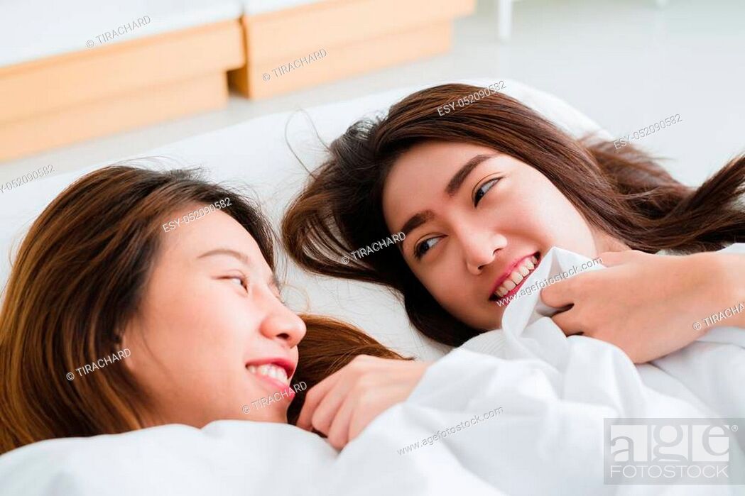 Top View Of Beautiful Young Asian Women Lesbian Happy Couple