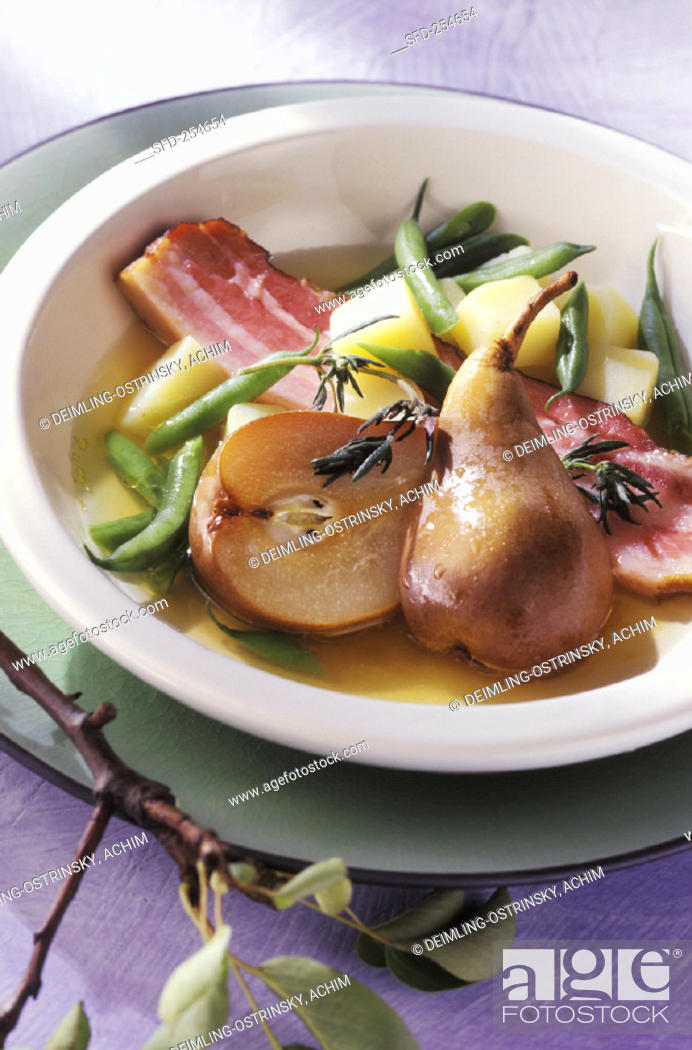 Stock Photo: Stew with pears, beans, potatoes and belly bacon.