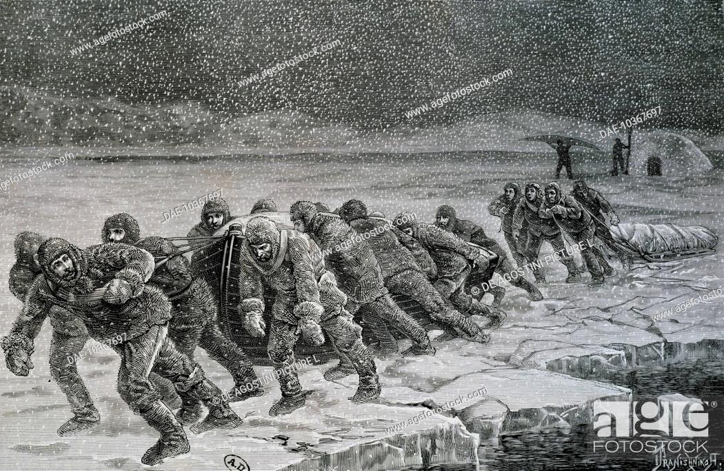 Stock Photo: Everyone, officers, sergeants and soldiers being forced to pull boats, engraving from the International Polar Expedition of 1881-1884.