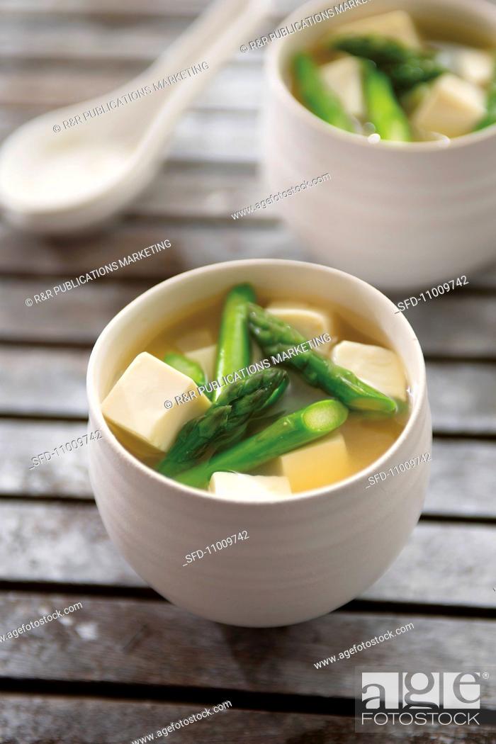 Stock Photo: Miso soup with tofu and asparagus.