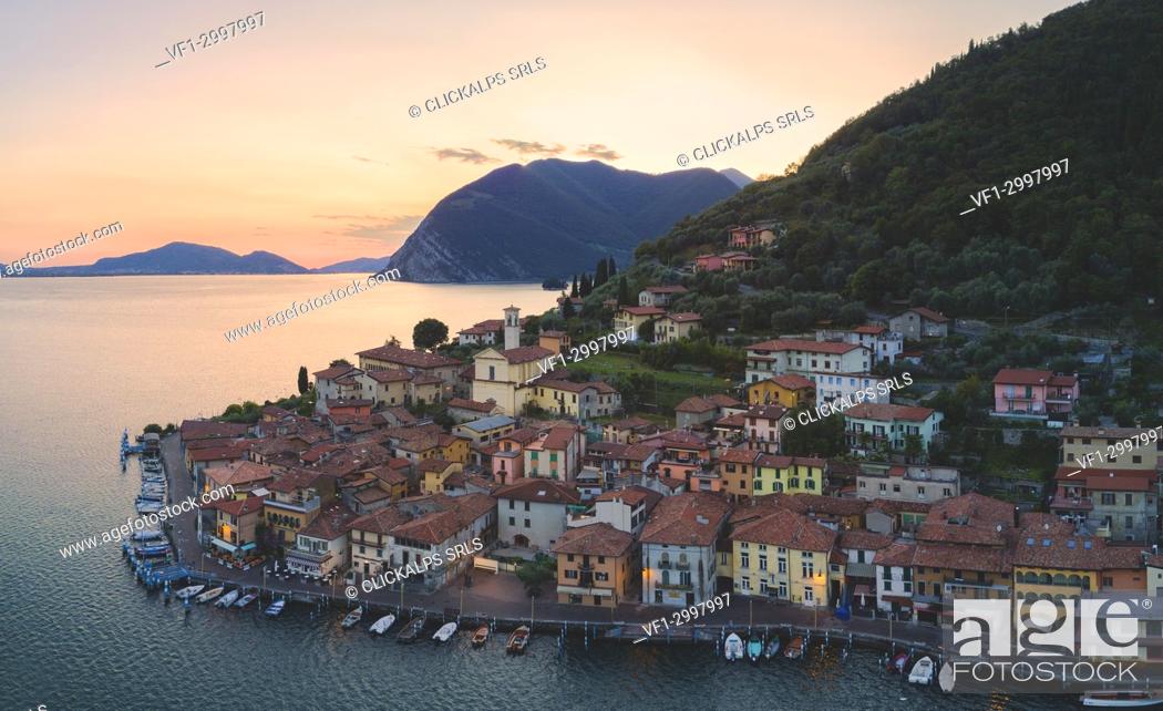 Stock Photo: Aerial view from Iseo lake at sunset, Brescia province, Lombardy district, Italy.