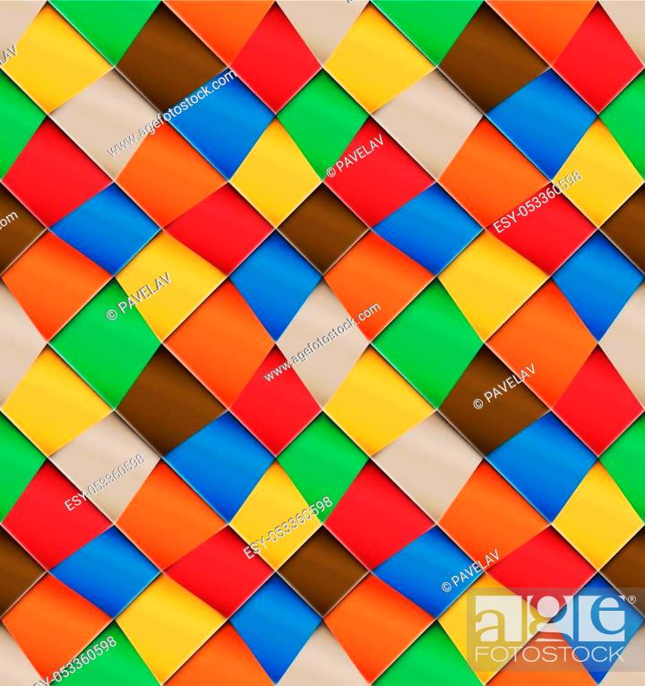 Stock Vector: Motley paper asymmetric patchwork seamless pattern with skewed Material design of transparent items you can place on any background.