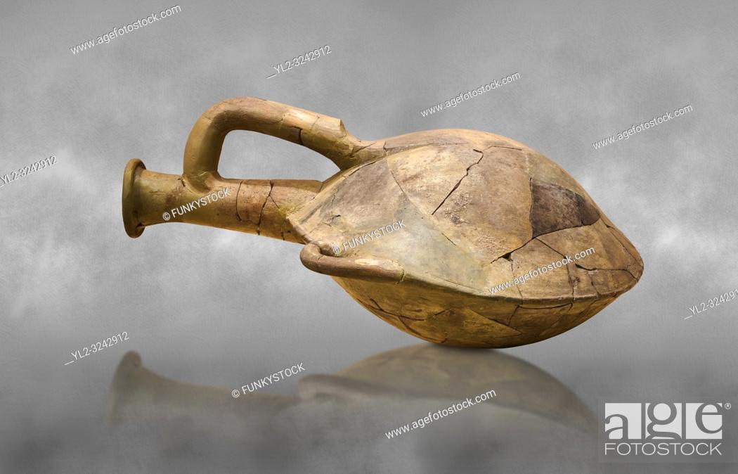 Stock Photo: Hittite terra cotta water bottle carried by straps on the back. Hittite Old Period, 1650 - 1450 BC. Huseyindede. Çorum Archaeological Museum, Corum, Turkey.