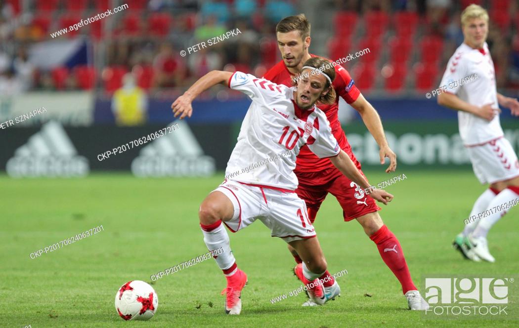 Stock Photo: Lucas Andersen of Denmark, left, and Marek Havlik of Czech Republic in action during the match Czech Republic vs Denmark at UEFA Under-21 Championship 2017 in.