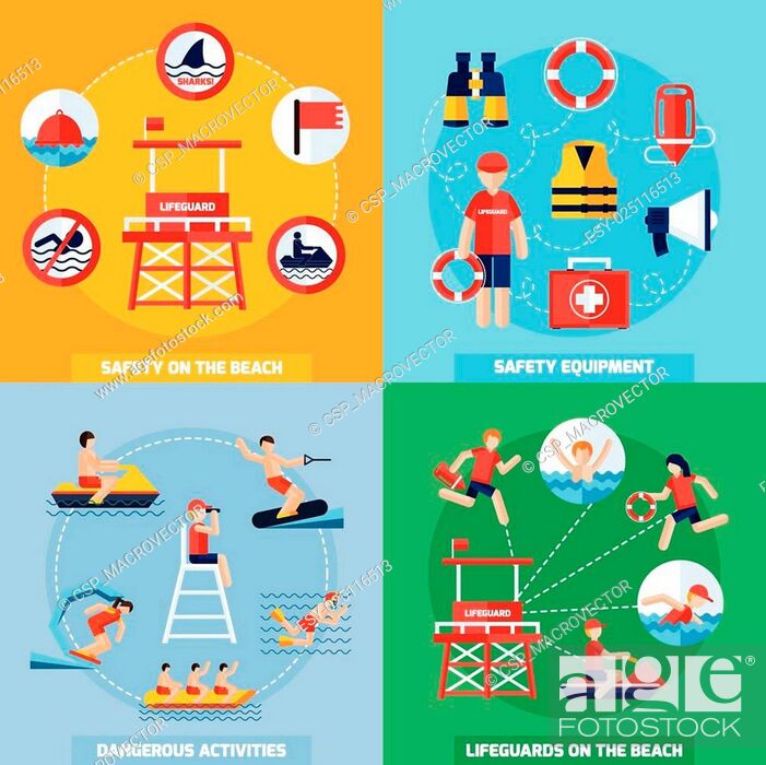 Stock Vector: Lifeguard 4 Flat Icons Square Composition.