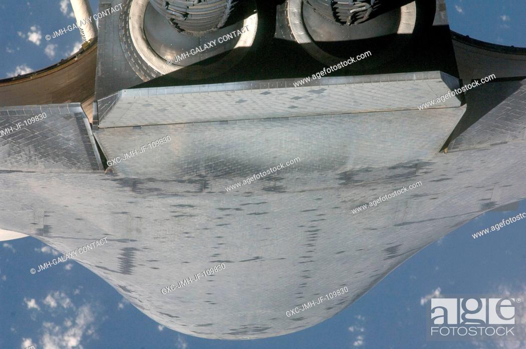 Stock Photo: This view of the underside of the space shuttle Endeavour was provided by an Expedition 20 crew member during a survey of the approaching vehicle prior to.