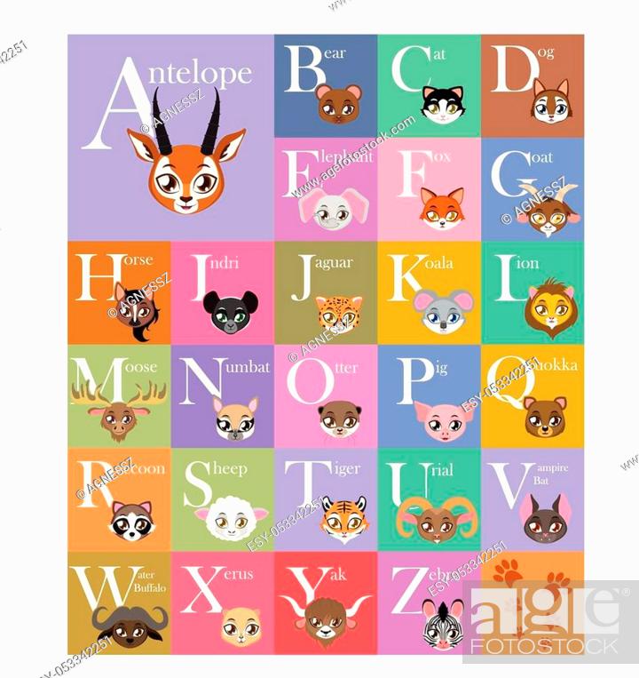 Stock Vector: Cute and colorful animal alphabet.