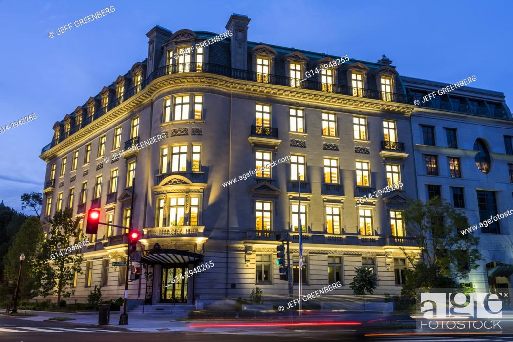Stock Photo: Washington DC, District of Columbia, Dupont Circle, historic district, D’Aniello Building, Beaux Arts, architecture, exterior, lighting, dusk, night.