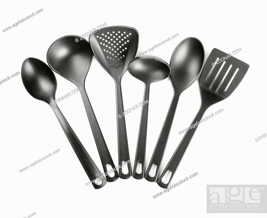 Stock Photo: Black plastic kitchen cooking utensils isolated on white.