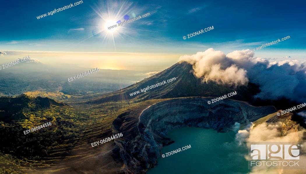 Stock Photo: Aerial view of beautiful Ijen volcano with acid lake and sulfur gas going from crater, Indonesia.