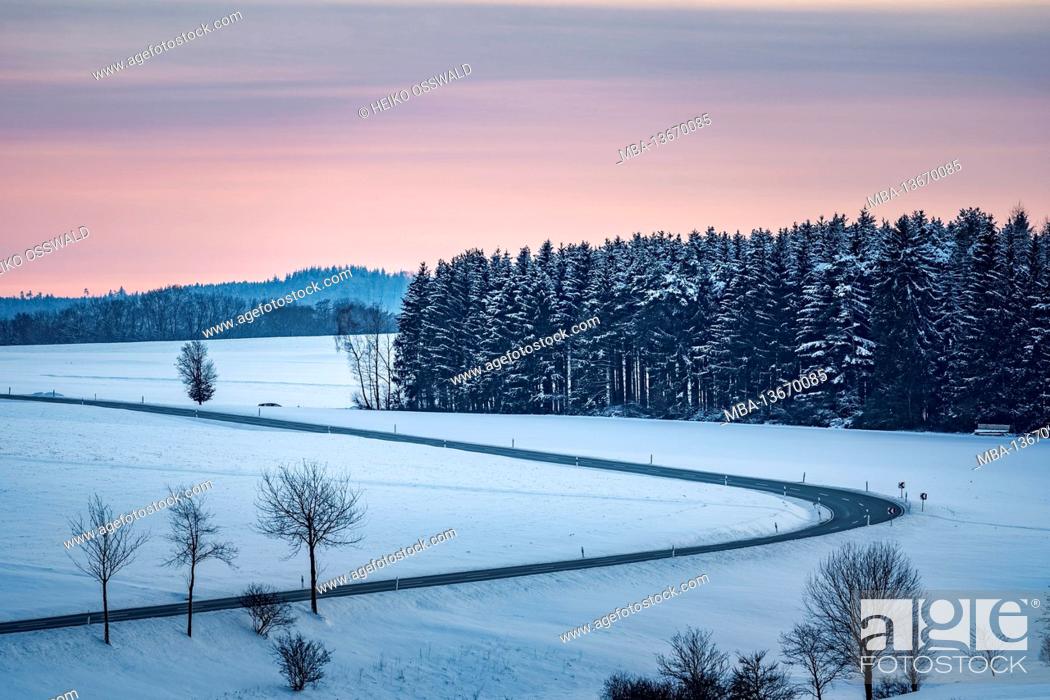 Stock Photo: Winter, snow, road on the Swabian Alb after sunset, Baden-Wuerttemberg, Germany, Europe.