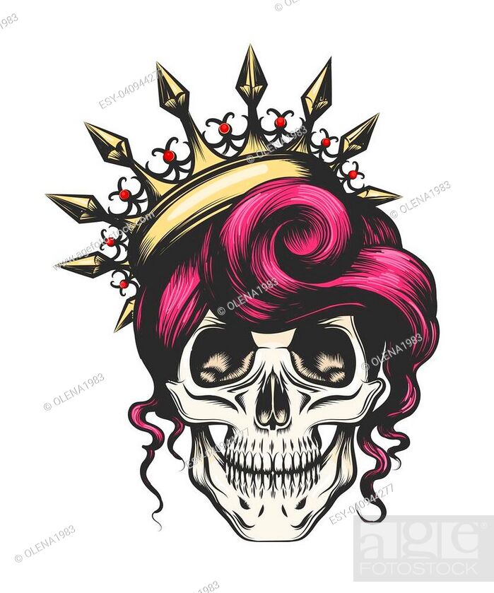 Female skull with a crown and long hair. Queen of death drawn in tattoo  style, Stock Vector, Vector And Low Budget Royalty Free Image. Pic.  ESY-040944277 | agefotostock