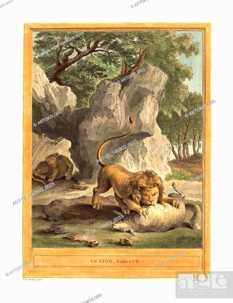 Stock Photo: A.J. de Fehrt after Jean Baptiste Oudry (French, born 1723 ), Le lion (The Lion), published 1759, hand colored etching.