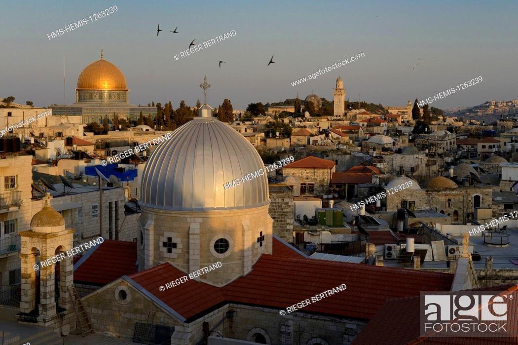 Stock Photo: Israel, Jerusalem, holy city, the old town listed as World Heritage by UNESCO, the roofs of the Muslim District, the church of Our Lady of the Spasm and the.